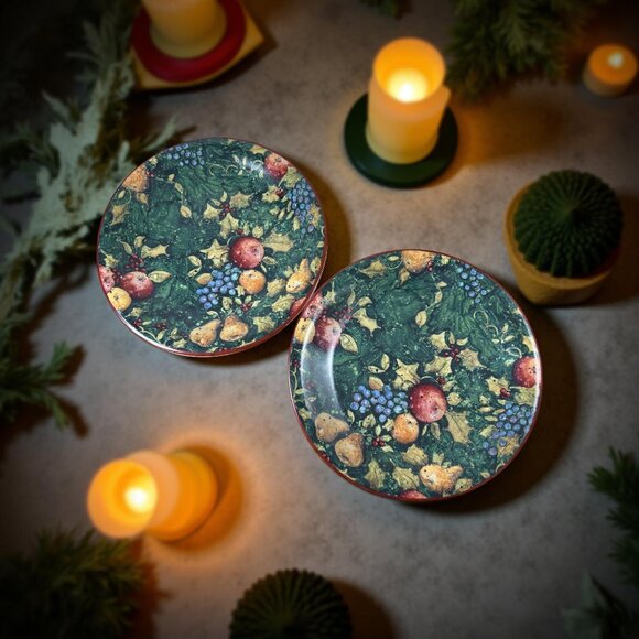 Pair (2) Certified International Susan Winget Holiday Evergreen Fruit & Holly Pl - Picture 5 of 9